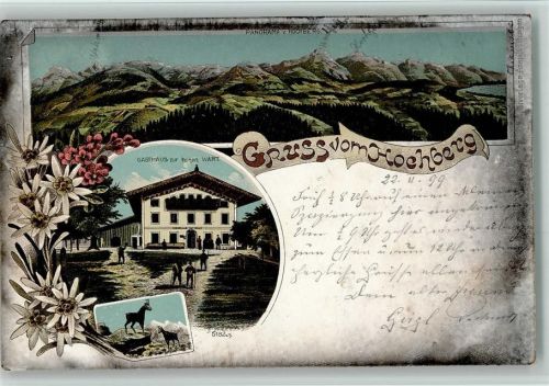 83278 W8220 Traunstein , Oberbay 1899 Lithographie Gruss aus - vom Hochberg - Gasthaus zur hohen Wart AK