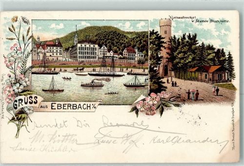 64385 W6101 Eberbach , Odenw 1898 Lithographie Katzenbuckel v. Stetten Blockhütte