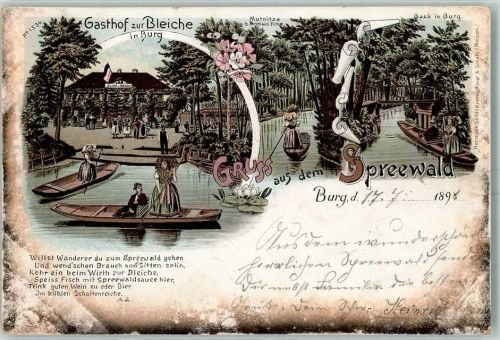 03096 O7502 Burg , Spreewald 1898 Lithographie Gasthaus Zur Bleiche Mutnitza bei Forsthaus Eiche Bank Boote Spreewald