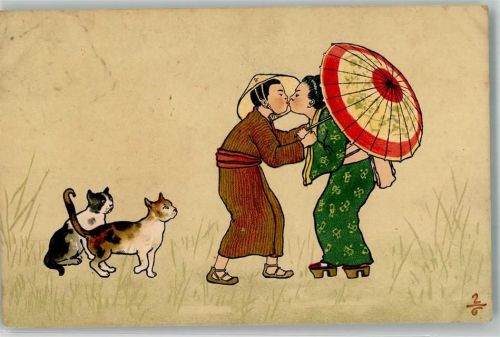 1900 Kimono Tracht Japan Schuhe Geta Hunde Küsse M. Munk Serie 193