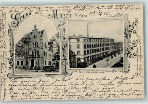 Mügeln 1905 Postamt, Fabrik Paul Süss AG in der bismarckstrasse AK