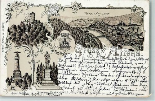 58762 W5990 Altena , Westf 1897 Lithographie Kriegerdenkmal, Schloss, Wappen Bismarck Denkmal AK