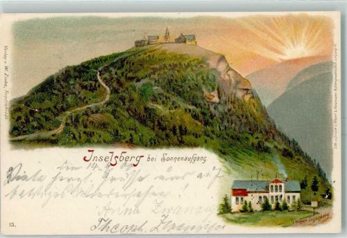 W8451 Inselsberg Sonnenaufgang Berggesicht 1900 Lithographie / Künstlerkarte