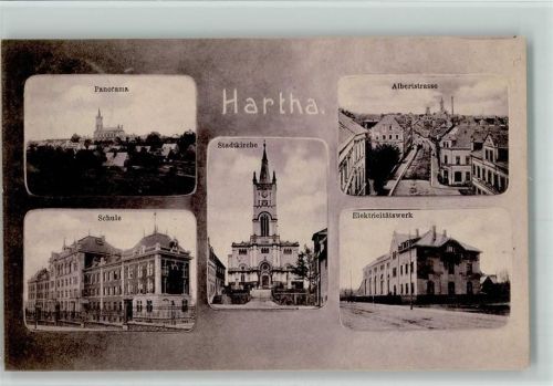 Hartha 1907 Schule, Alberststrasse, Elektrizitätswerk, Kirche AK