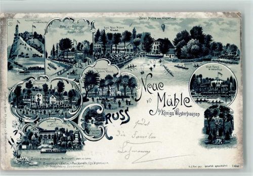 Königs Wusterhausen 1904 Neue Mühle Aussichtsturm Hotel zur Schleuse Post Club-Haus Kaiser Wilehlm-Denkmal Restaurant Robert Riedel Spuck-Brücke Restaurant zum Thiergarten Restaurant Müller Lithographie