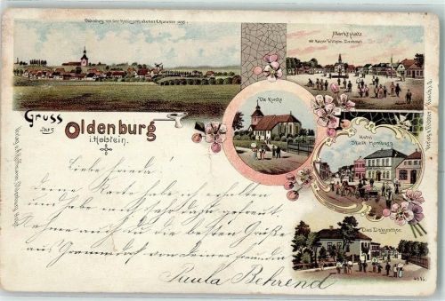 23758 W2440 Oldenburg in Holstein 1901 Karte beschädigt Marktplatz mit Kaiser Wilhelm-Denkmal Kirche Hotel Stadt Hamburg Dolgentor Lithographie