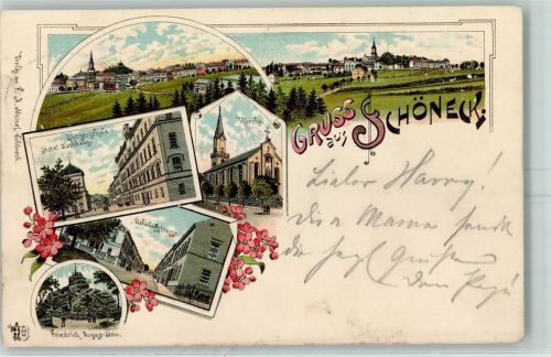 08261 O9655 Schöneck , Vogtl 1896 Lithographie Bürgerschule Hotel Rathaus Kirche Bahnhofstraße Friedrich August-Stein Bahnpost Chemnitz - Aue - Adorf Zug 612