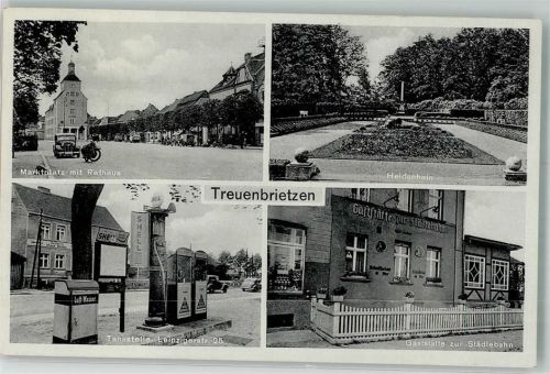Treuenbrietzen 1949 Rathaus Marktplatz Auto Tankstelle Gasthaus zur Städtebahn Denkmal Heldnehain
