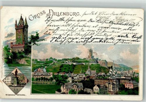 Dillenburg 1900 Lithographie Bismarck Denkmal