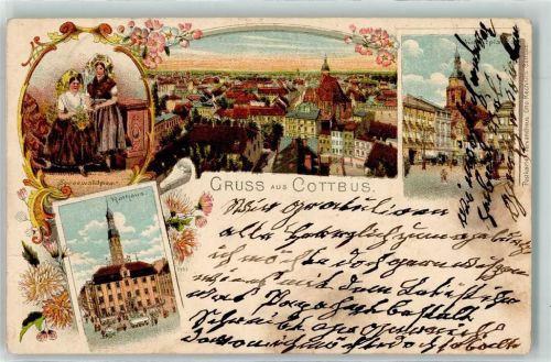 Cottbus 1906 Spreewaldpaar Rathaus Marktplatz Kirche Blumen Gruss