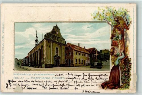 42549 W5620 Neviges 1905 Prägedruck Wallfahrtskirche und Franziskanerkloster Wegkreuz Betende Frau