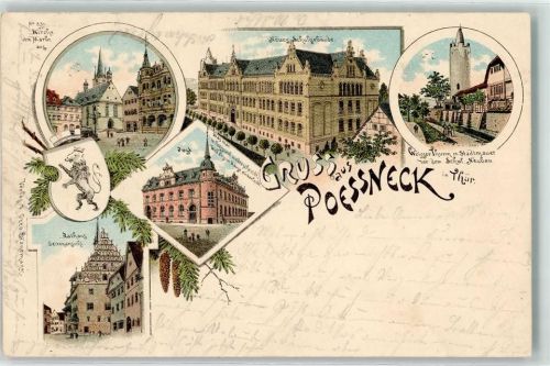 07381 O6840 Pößneck 1897 Lithographie Kirche Markt Neues Schulgebäude Weisser Turm Stadtmauer Post Rathaus