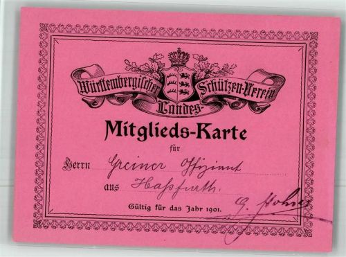 1901 Mitgliedskarte Württ. Schützenverein