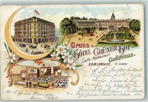 W7500 Karlsruhe , Baden Gruss aus Lithographie Hotel Grüner Hof AK Billard 1898 Gebrauchsspuren