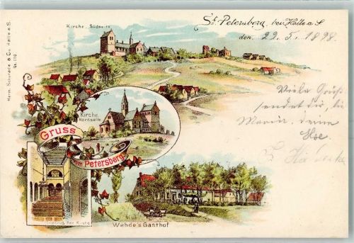 06193 O4101 Petersberg b Halle, Saale 1898 Lithographie Kirche Wehdes Gatshof