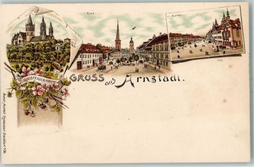 99310 O5210 Arnstadt Lithographie Liebfrauenkirche Ried Markt