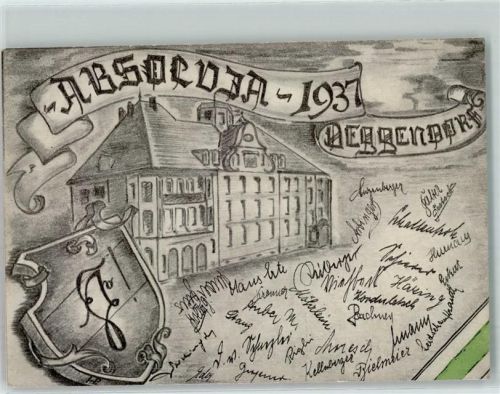 94469 W8360 Deggendorf Künstlerkarte Absolvia 1937 Studentika Wappen Unterschriften sign