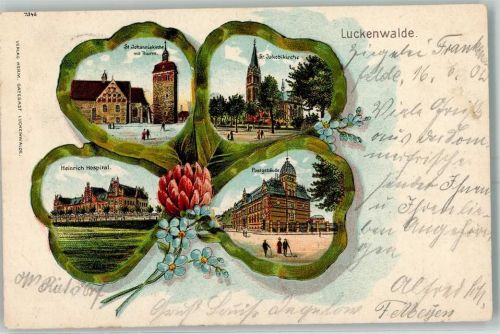 14943 O1710 Luckenwalde 1902 Lithographie Heinrich Hospital St. Johanniskirche mit Turm St. Jakobikirche Postgebäude Vierblättriges Kleeblatt Vergissmeinicht