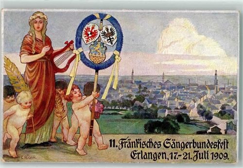 Erlangen 11. Fränkisches Sängerbundesfest Juli 1909 Wappen sign C. Rüger
