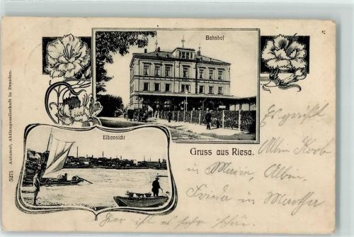 Riesa 1906 Bahnhof Elbansicht Segelboot