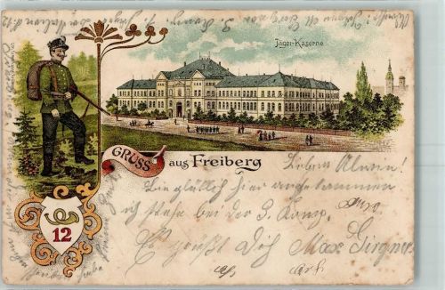 09599 O9200 Freiberg , Sachs Gebrauchsspuren Jäger Gewehr Wappen Jäger-Kaserne Lithographie