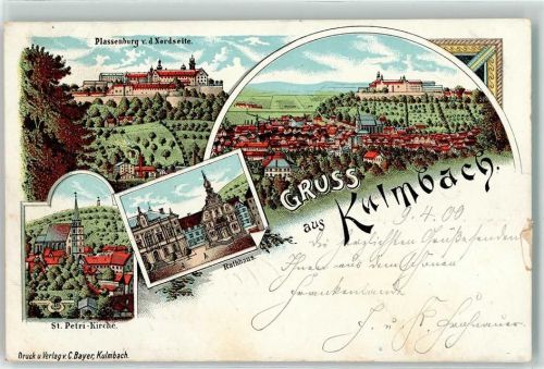 95326 W8650 Kulmbach 1900 Gebrauchsspuren Plassenburg St. Petri-Kirche Rathaus Lithographie
