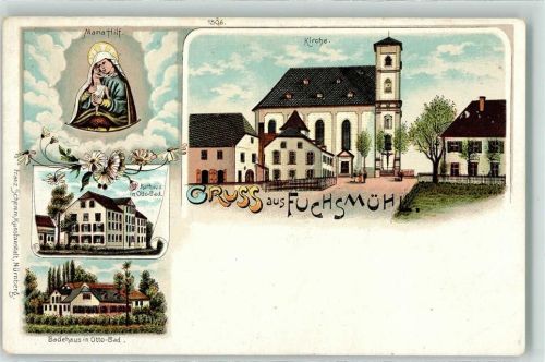 95689 W8591 Fuchsmühl Lithographie Maria Hilf Kirche Kurhaus Otto Badehaus