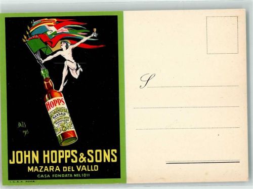 1923 John Hopps & Sons Marsala Aperitif sign. Bazzi - Nude mit Fahnen tanzt auf der Flasche