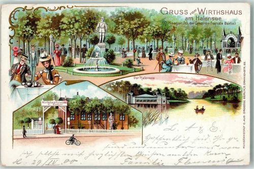 10115 W1000 Halensee 1900 Lithographie Gasthaus Halensee Gartenwirtschaft Springbrunnen Denkmal Der Halensee