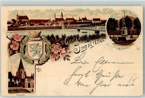 Ingolstadt 1898 Kreuztor Donaubrücke Kriegerdenkmal Wappen