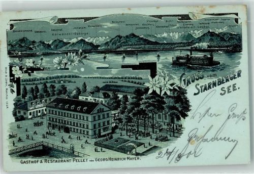 82319 W8130 Starnberg 1904 Lithographie Gasthaus Pellet Georg Heinrich Mayer Dampfer
