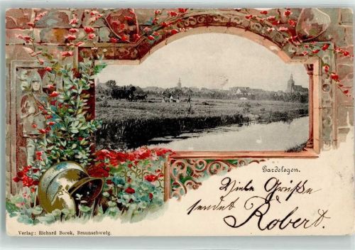 39638 O3570 Gardelegen 1902 Prägedruck Fenster Kirche Schwan Blumen Wappen Helm