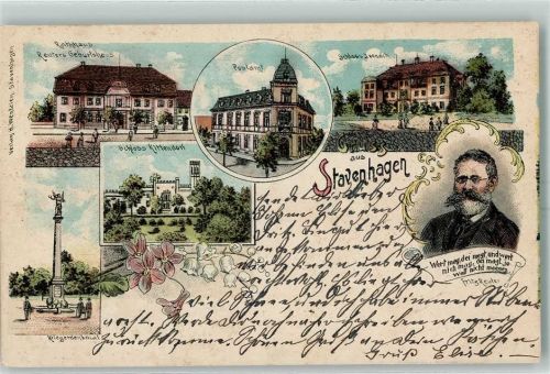 17153 O2044 Stavenhagen , Reuterstadt 1905 Lithographie Rathaus Fritz Reuter Postamt Schloss Ivenack Schloss Kittendorf Kriegerdenkmal