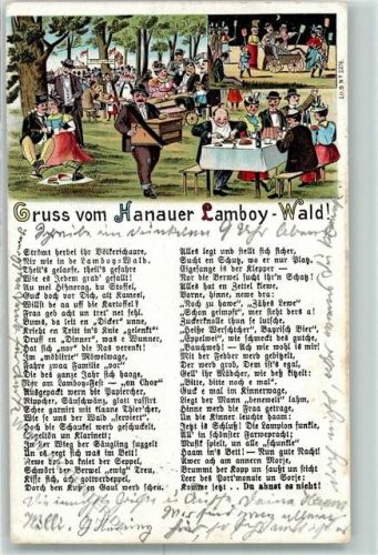 63450 W6450 Hanau 1901 Lithographie Gruss aus Hanauer Lamboy Wald Drehorgel AK