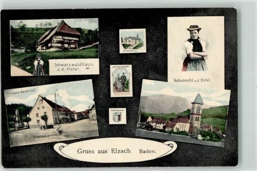 Elzach 1907 Schwarzwaldhaus Kriegerdenkmal Nikolaus-Brunnen Trachtenmädchen