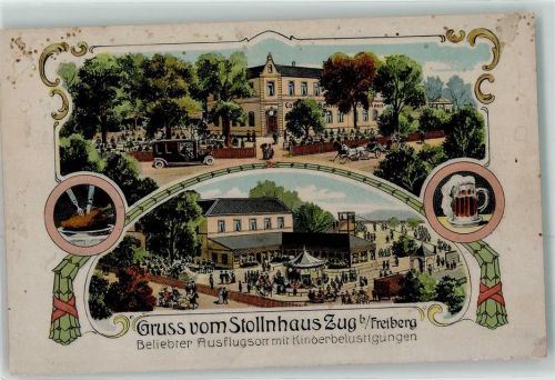 Freiberg 1910 Gruss vom Stollnhaus Zug Ausflugsort Kinderbelustigungen Auto Kutsche KarussellBier