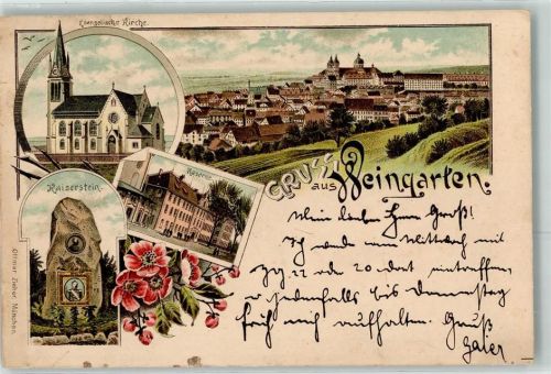 88250 W7987 Weingarten , Württ 1896 Lithographie Ev. Kirche Kaiserstein Kaserne Ottmar Zieher