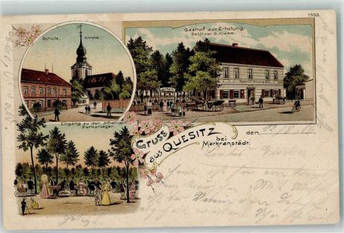 Quesitz Schule Kirche Gasthaus zur Erholung Parkanlagen Gruss Blumen Lithographie