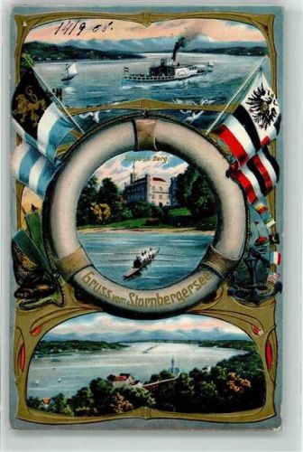 82319 W8130 Starnberg 1908 Prägedruck Starnbergersee Rennruderboot Dampfer Fahne Schwarz-Weiß-Rot u. Weiß Blau