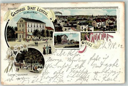 04703 O7321 Naunhof b Leisnig 1902 Lithographie Gasthaus Stadt Leipzig Inh Alfred Müller Bahnhof