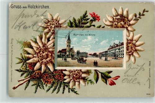 Holzkirchen 1906 Marktplatz Kirche Fuhrwerk Blumenstrauß Edelweiß Lithographie