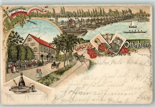 Ottenheim 1900 Gasthaus Restauration zur Rheinbrücke Tracht Schiffbrücke Eisenbahn