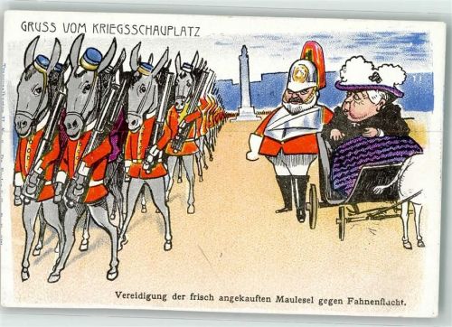 1900 Verteidigung der angekauften Maulesel gegen Fahnenflucht - Viktoria in der Kutsche - Karikatur