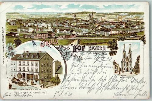 Hof 1902 Volksbazar A. Hertel Altstadt Kath. Kirche