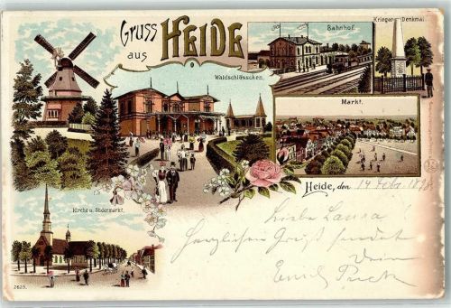 25746 W2240 Heide , Holst 1898 Lithographie Windmühle Bahnhof Kriegerdenkmal Markt Kirche u. Südermarkt Waldschlösschen