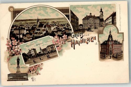 Hainichen Gellert Denkmal Marktplatz Postgebäude Villa Hotel Haubold Kirche Kutsche Gruss Blumen