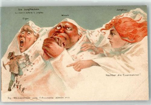 Grindelwald Die entsetzten Eiger Mönch und Jungfrau Die Jungfrau-Eisenbahn Verlag Weingärtner No. 112 Berggesicht Lithographie / Künstlerkarte