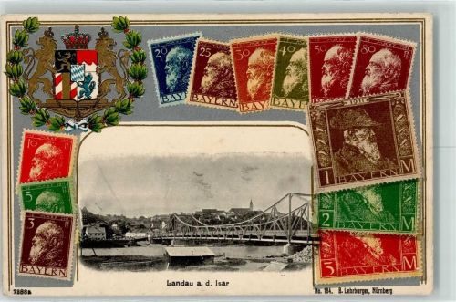 94405 W8380 Landau a d Isar Prägedruck Isarbrücke Briefmarken Wappen