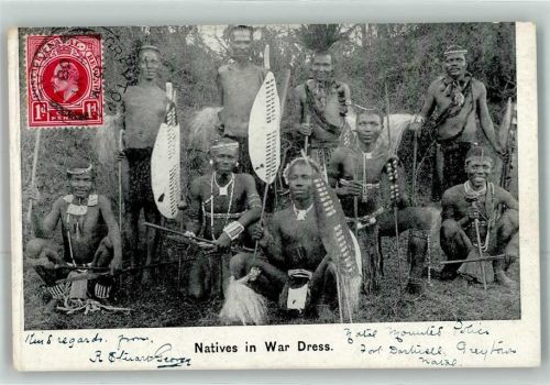 Pietermaritzburg 1908 Natives in War Dress Natal Ort lt. Stempel