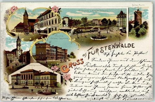Fürstenwalde 1901 Bahnpost Berlin Liegwitz Zug 232 11.8.01 Rathaus Kaserne d. 3. Ulanen-Regiments Städt. Gymnasium St. Marien Domkirche Kaiserplatz u. Kriegerdenkmal Bullen Turm